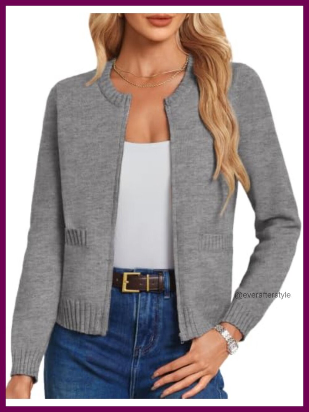 Ribbed Knit Cropped Zip Up Cardigan Crew Neck Side Pockets